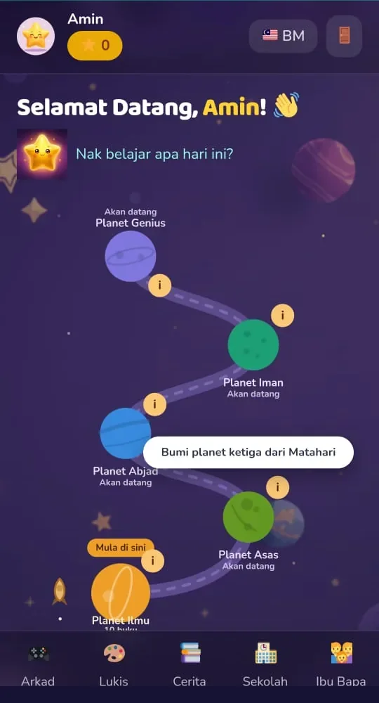 Peta planet pembelajaran dalam Starly Kids
